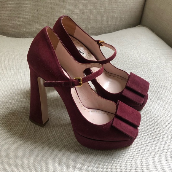Miu Miu Mary Jane Pumps Platform Bow Suede Ankle Strap US 6 - Picture 5 of 11